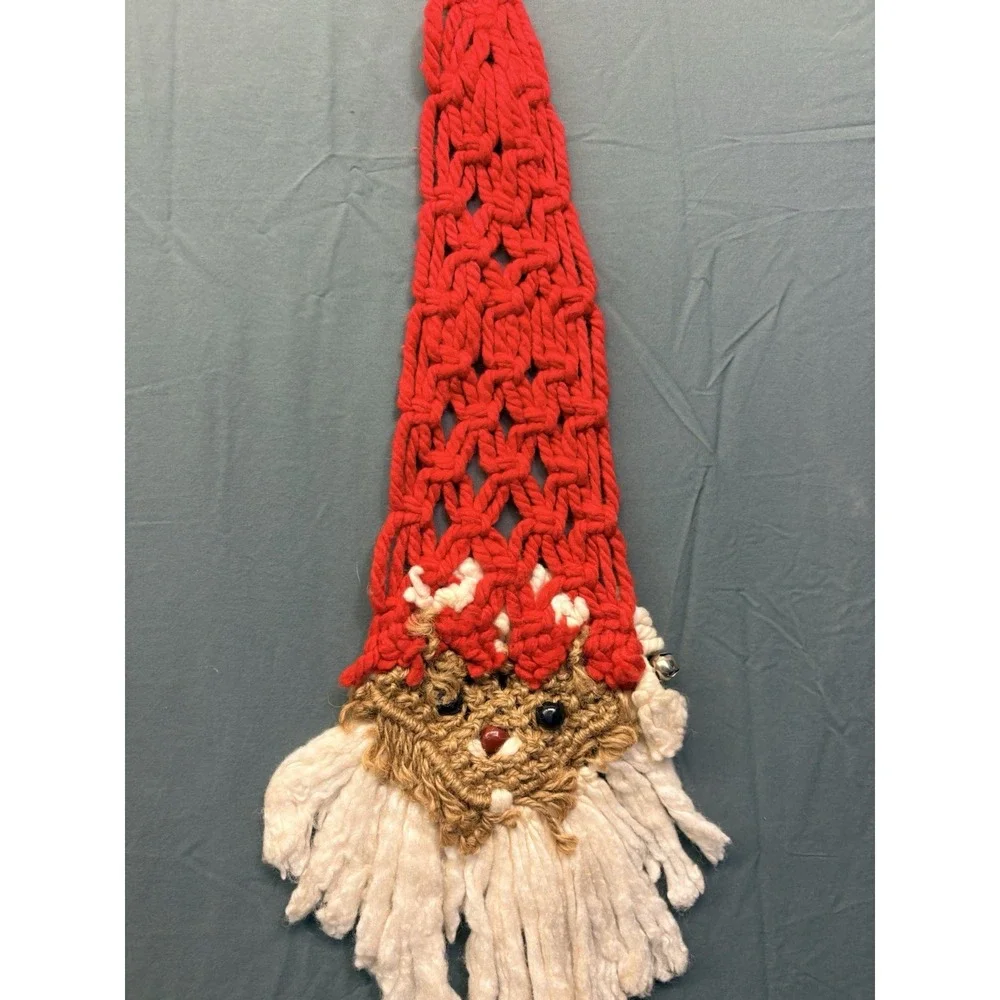 Vtg Handmade Macrame Santa Face Wall Hanging Christmas Decor 2FT Fiber Art Folk